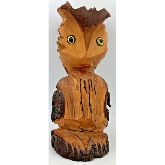 Vintage Handcarved Long Eared Owl On Tree Stump Figure 9 3/8" - Picture 1 of 6
